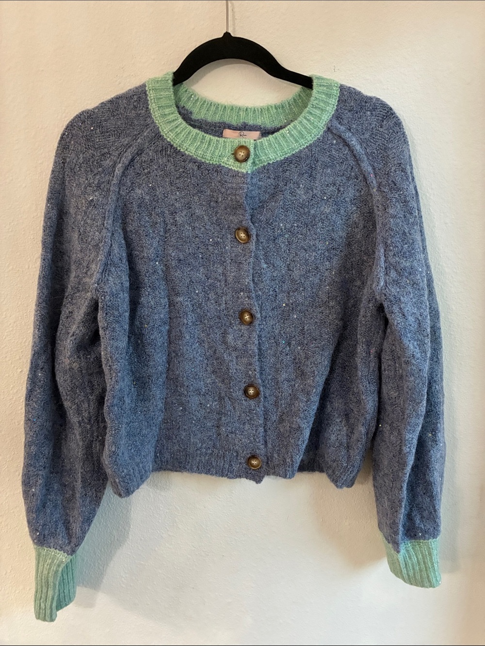 Blue and Mint Crewneck Button-Up Sparkle Sweater - Women